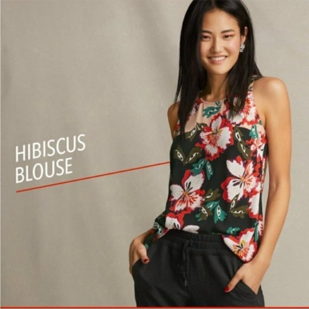 Cabi Black Floral Printed Sleeveless Blouse Size Medium